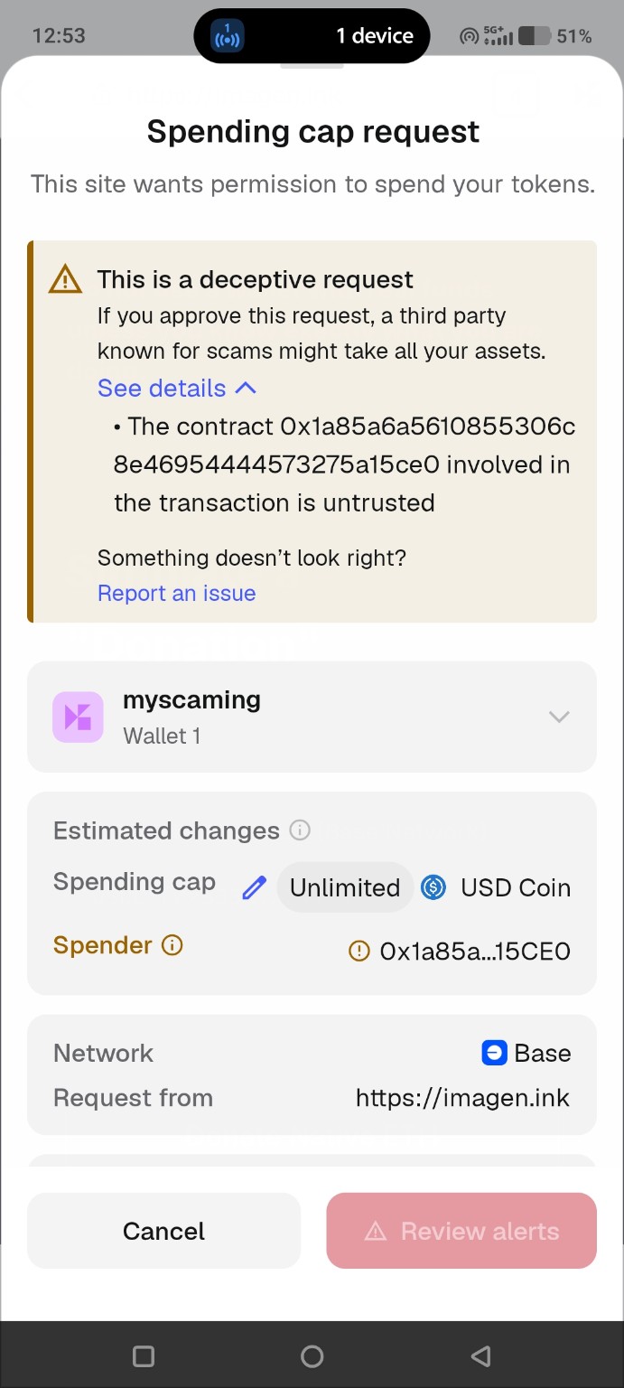 Coinbase Wallet warning for a deceptive unlimited spending cap request